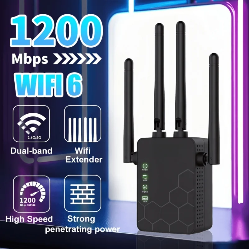 

WiFi Extender 4 Antennas Signal Booster Dual Band Wireless Repeater 1200Mbps Access Point Ethernet Port For Home Office