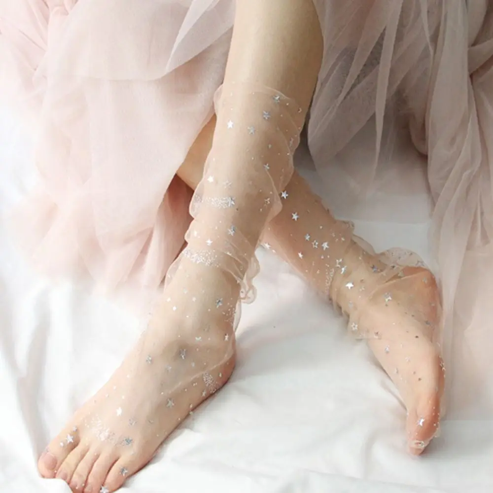 

Spring Fashion Women Mesh Ladies Shiny Stars Transparent Fishnet Socks Hosiery Women Socks