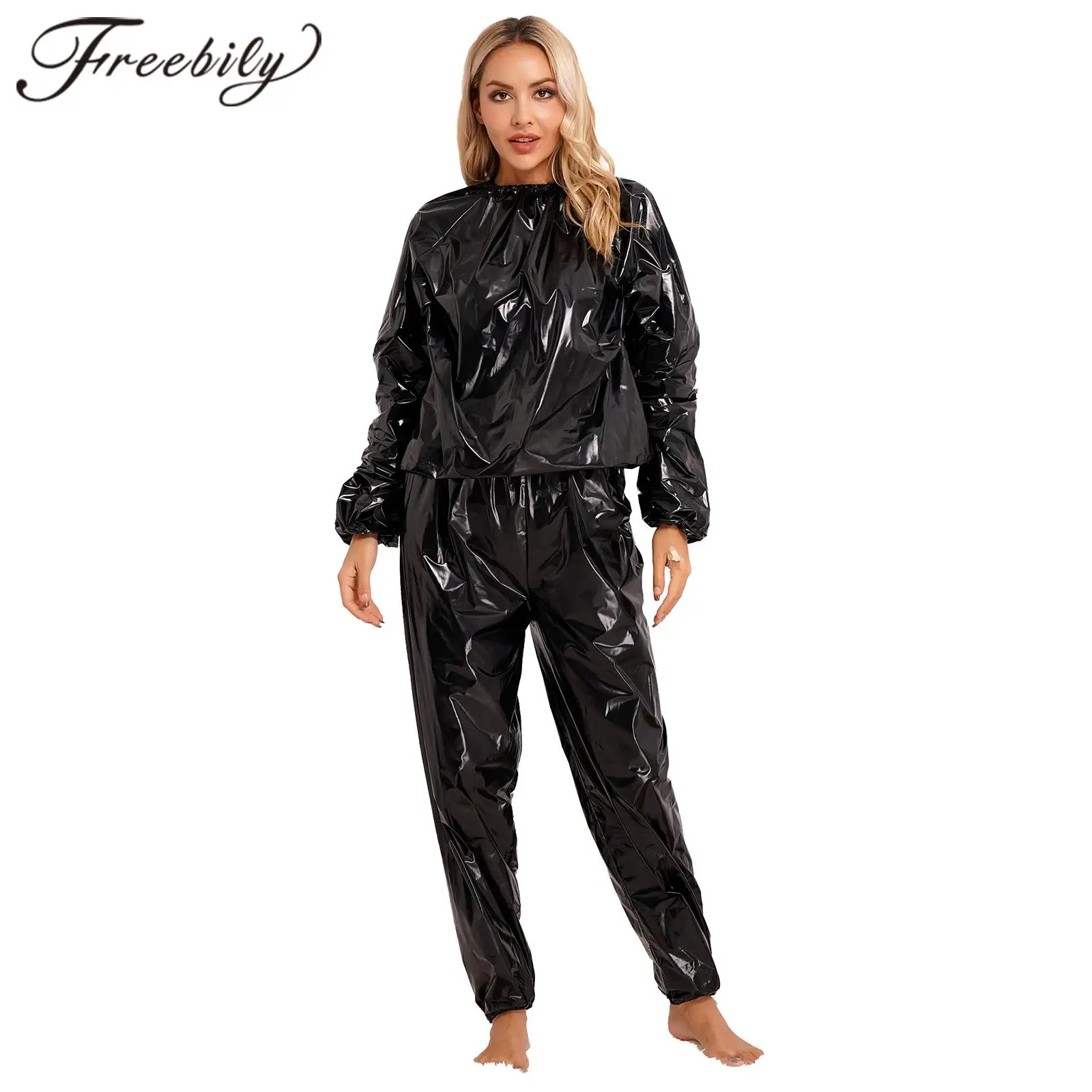 

2Pcs Women Sauna Suit PVC Long Sleeve Elastic Cuff Top Pants Set Fitness Gym Workout Outfit Sweat Suits for Adults Clothes Sets