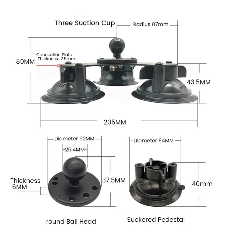 Ballhead Car Window Twist-Lock Triple Suction Cup Base with AMPS Hole Ball Mount for Gopro Camera Smartphone