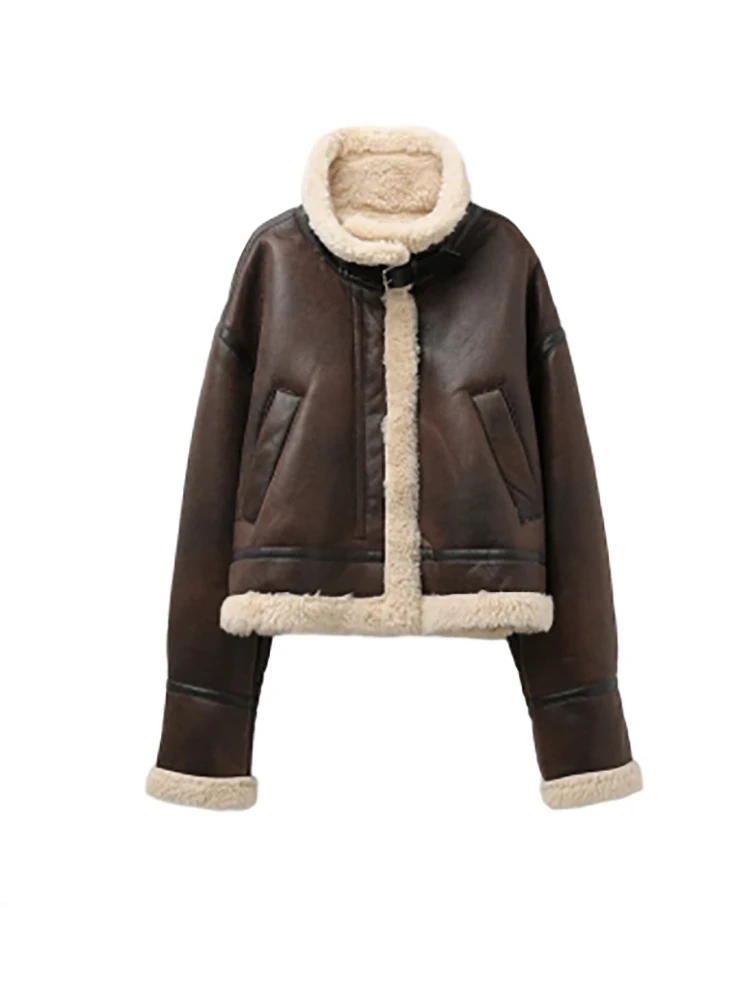 ZVRI 2023 New Autumn Winter Women Faux Lamb Fur Short Jacket Vintage Female Moto Biker Zipper Thick Warm Coat Fleece Outwear