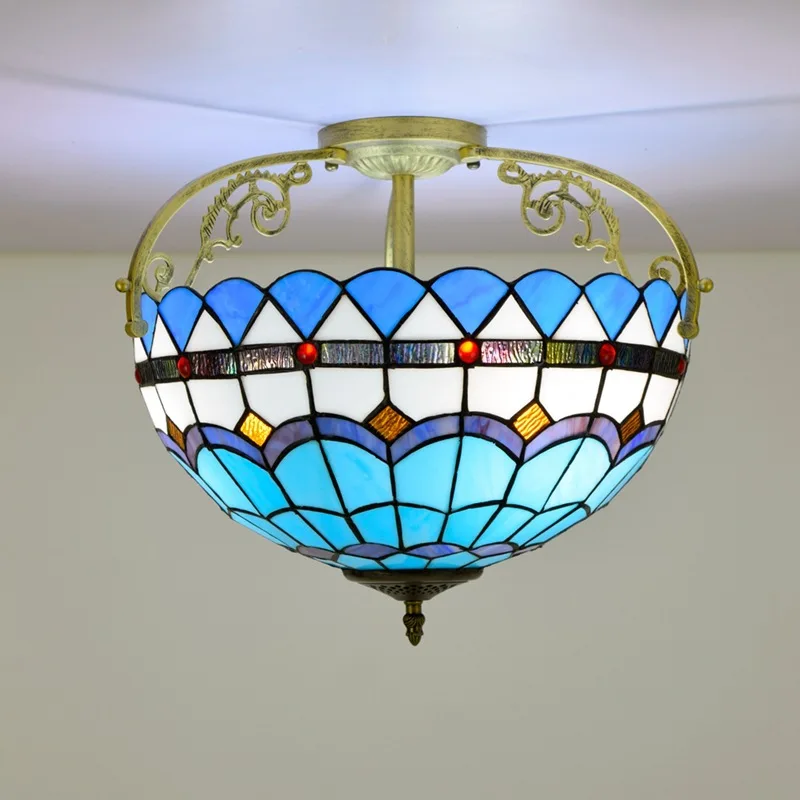 

Mediterranean Blue Glass Decorative Ceiling Lamp 16-inch Tiffany Stained Glass Lampshade LED Ceiling Lamp