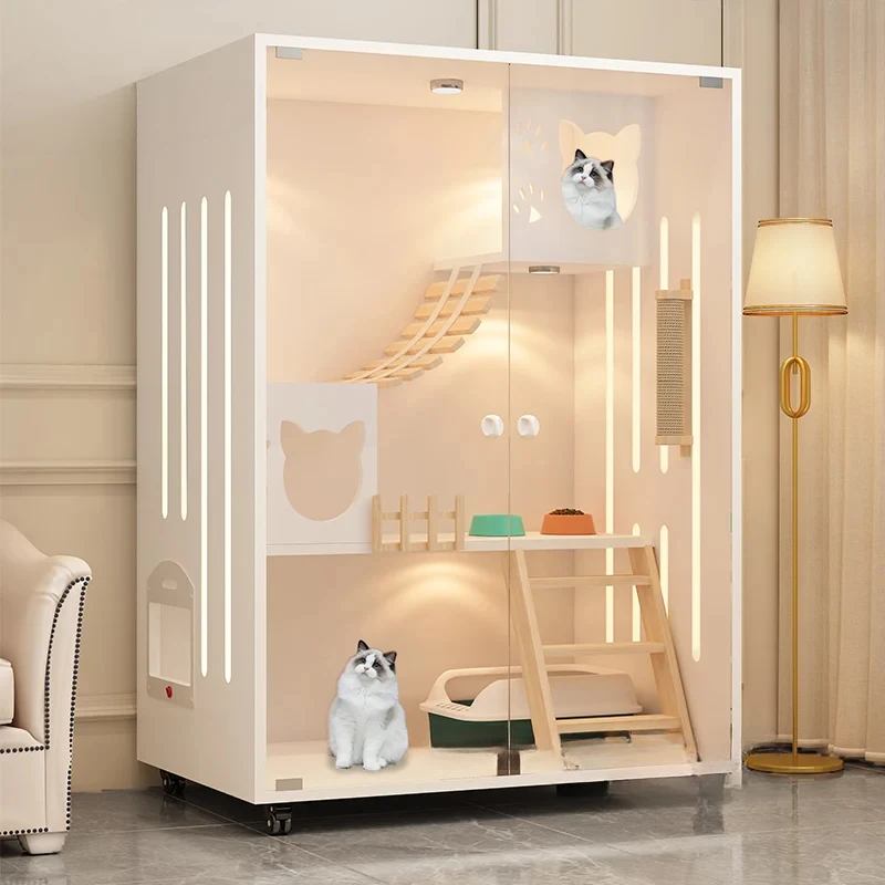 Cream-style Cat Cage for Pet Shop Density Board Cat House Double-layer Large Space Glass Door Light Luxury Simple Cage for Cats