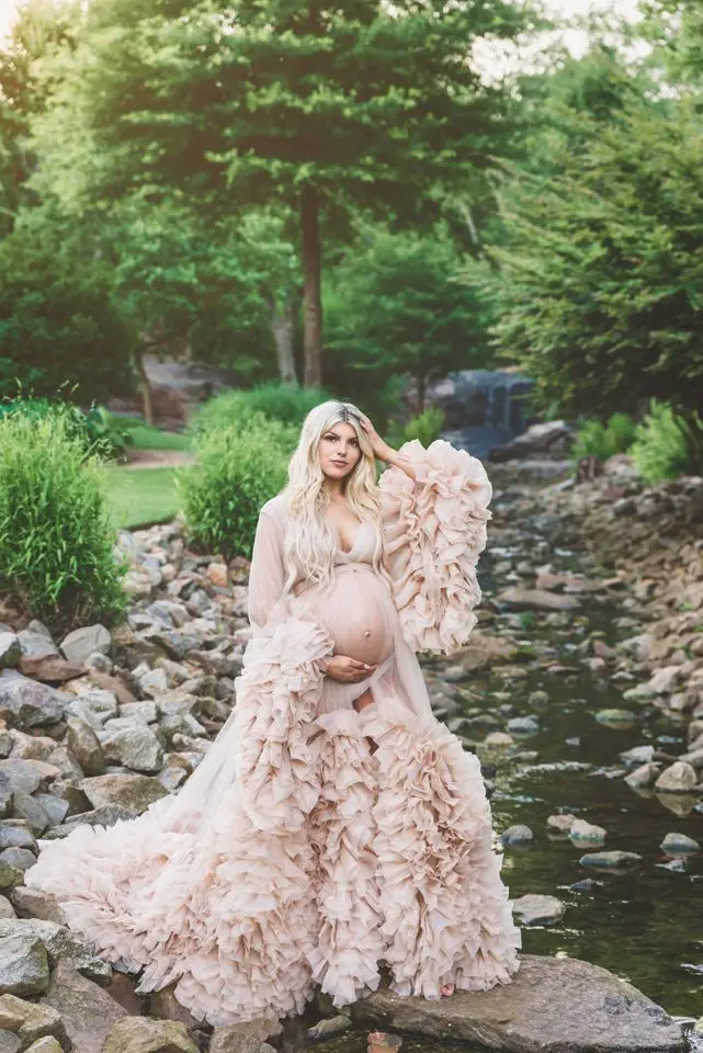 Maternity Prom Dresses for PhotoShoot Puffy Tulle Pregnant Women Long Robe Pajamas Front Split Bridal Boudoir Sleepwear Gown