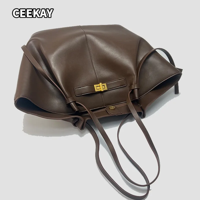 Fashion Large Capacity Trapeze Women Shoulder Bags Designer Metal Lock Handbags High-Quality Pu Leather Big Tote Commute Bag - view 5