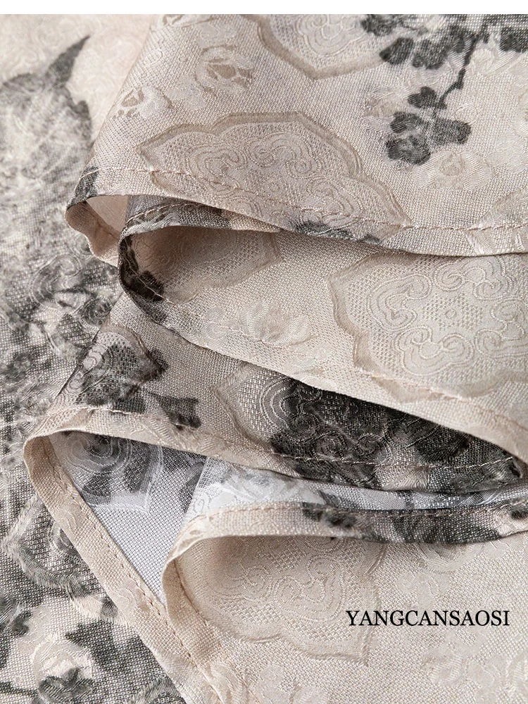 Damska odzież z nadrukiem atramentowym, 19MM, 100% naturalny jedwab morwowy, żakardowa satyna HuaLuo, okrągły dekolt, rękawy typu latarnia, luźna koszulka z długim rękawem.