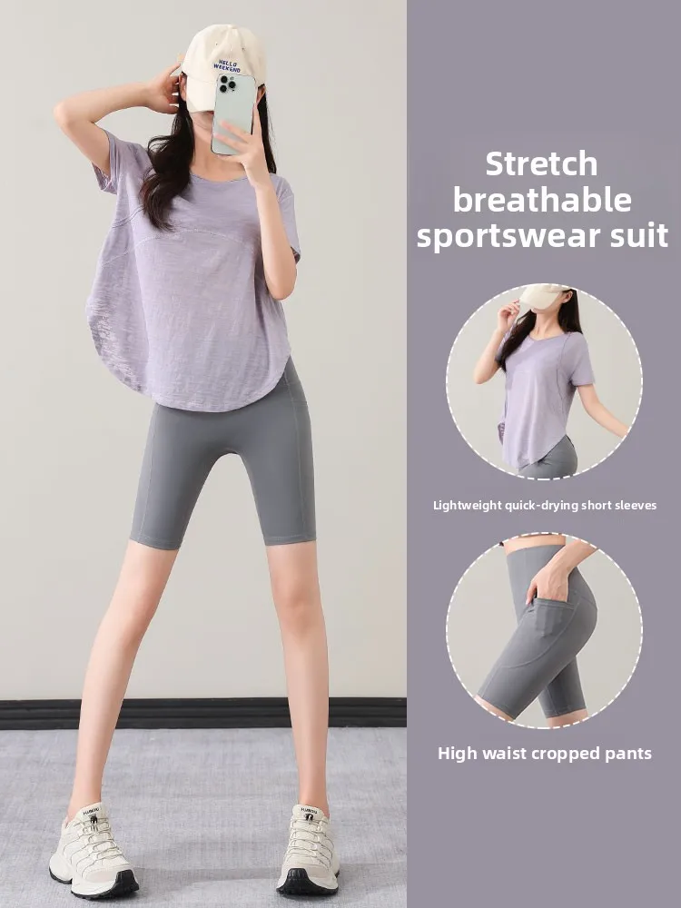 

Pilates Training Yoga Clothes Set Women's Summer New Advanced Sport irt Five-Quarter Pants Fitn Suit Nylon Spandex Blend