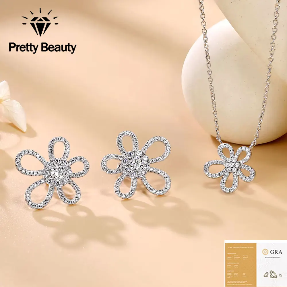 Pretty Beauty Flower Design Moissanite Jewelry Set for Women S925 Silver Pendant Necklace and Stud Earrings Dainty Jewelry Gift