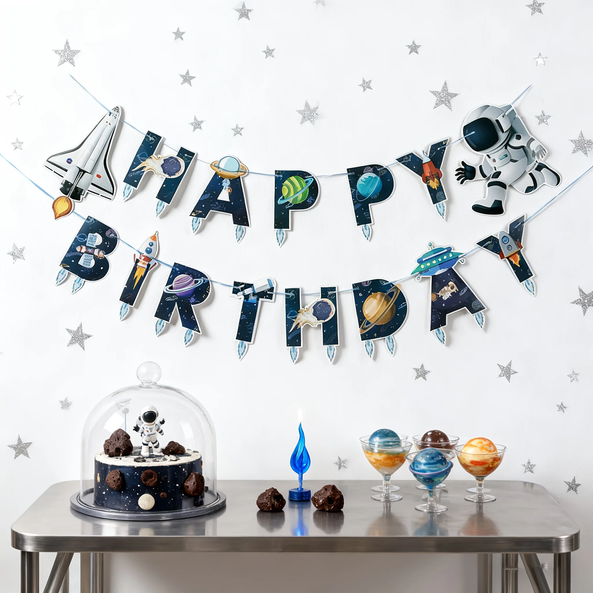 Bannière Joyeux Anniversaire Astronaute de l'Espace, Guirlande de Lettres Cartoon, Décoration Murale pour Fête d'Anniversaire Enfants Garçons