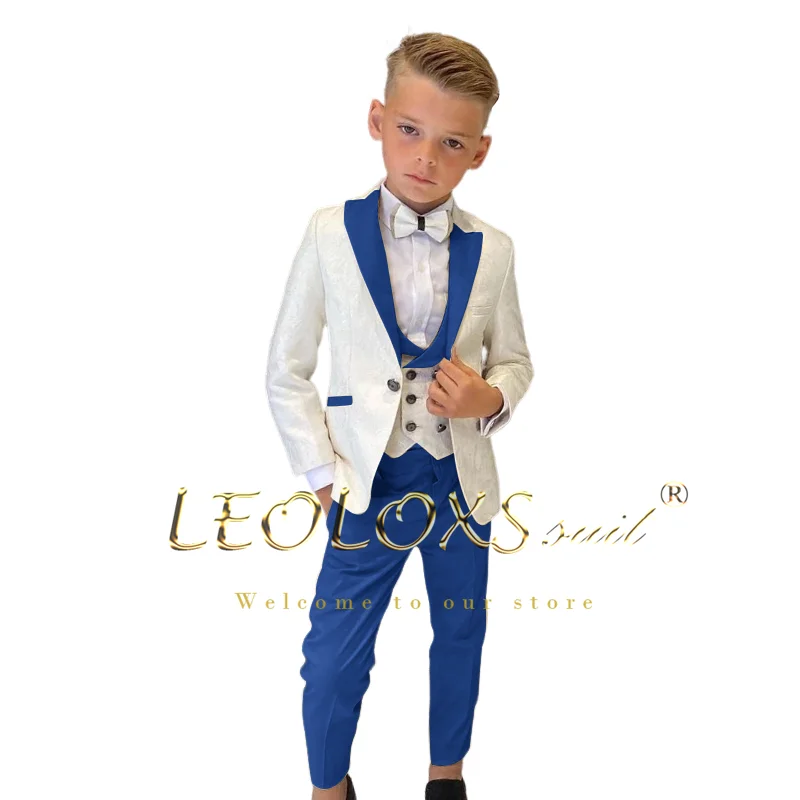 Boys' Floral Jacquard Wedding Tuxedo 3 Piece Set: Double Breasted Vest, Blazer and Trousers Children's Custom Suit Set