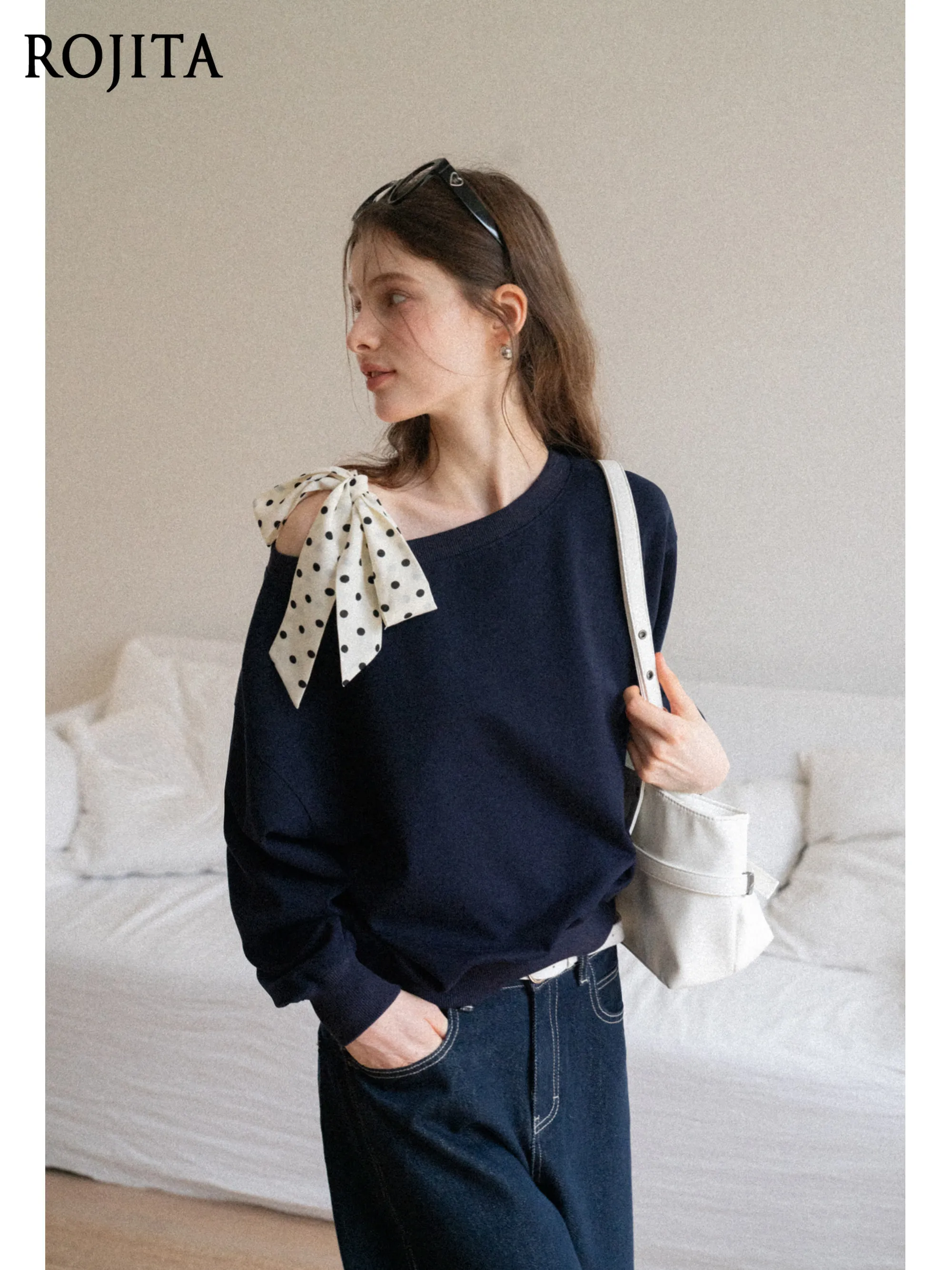 

Polka Dot Lace-up Loose Slanted Shoulder Off-the-shoulder Sweatshirt Women's Spring Blue Temperament Casual Long-sleeved Top