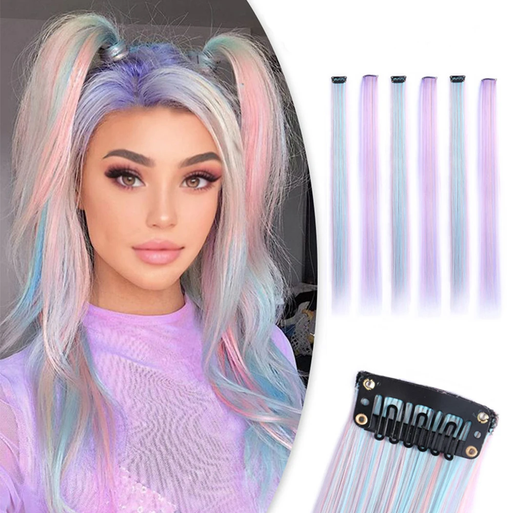 22 Inch Long Straight Colored Clip-in Hair Extensions Synthetic Hairpieces Party Highlights for Women Kids And Girls
