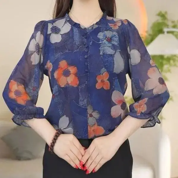 

Summer Loose Temperament Floral Top for Women Casual 3/4 Sleeves Fashionable and Age-reducing Blouse