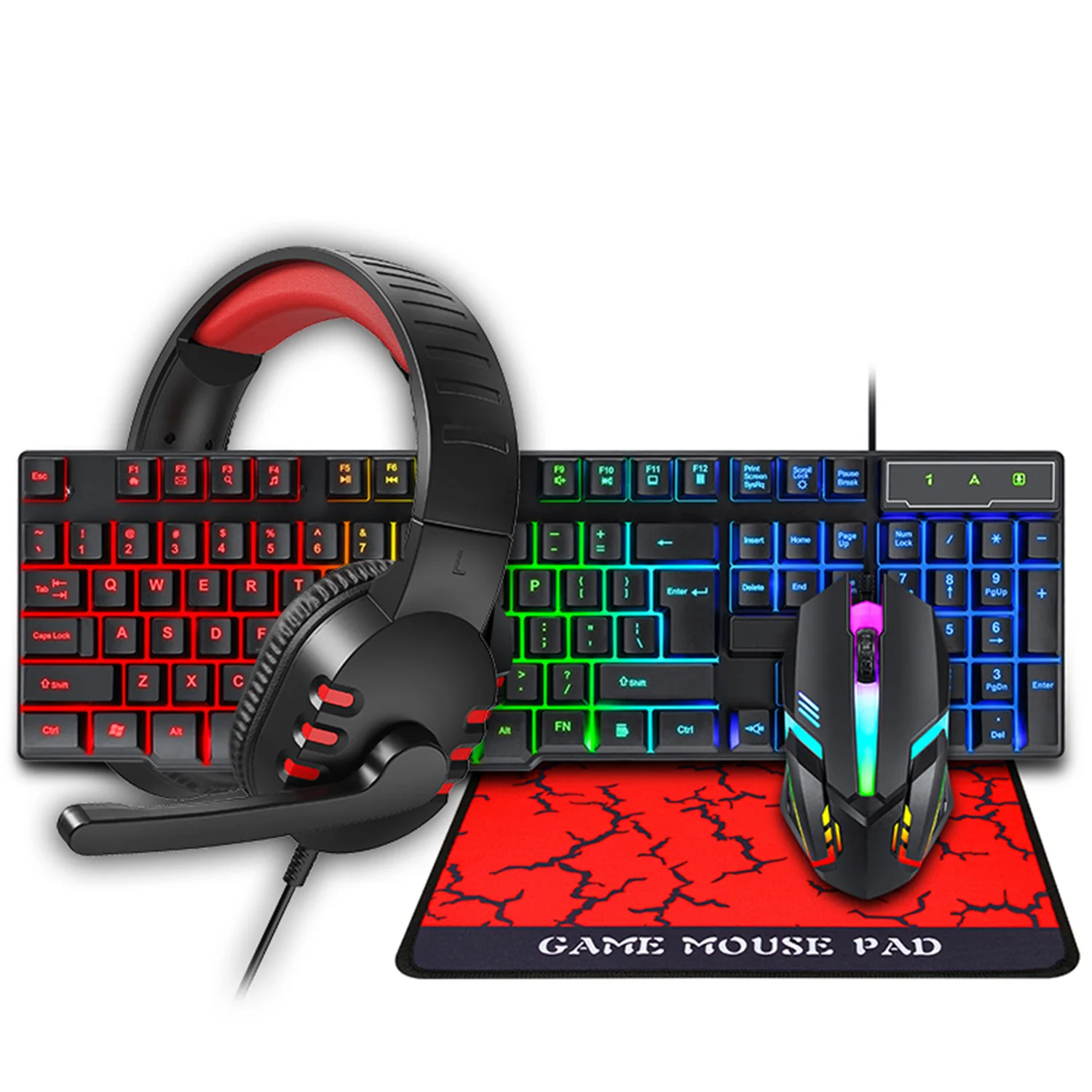 مجموعة Esports 4 في 1 مجموعة لوحة مفاتيح سلكية للألعاب بإضاءة خلفية RGB وسماعة رأس وماوس، لوحة مفاتيح سلكية بإضاءة خلفية LED قوس قزح للعبة