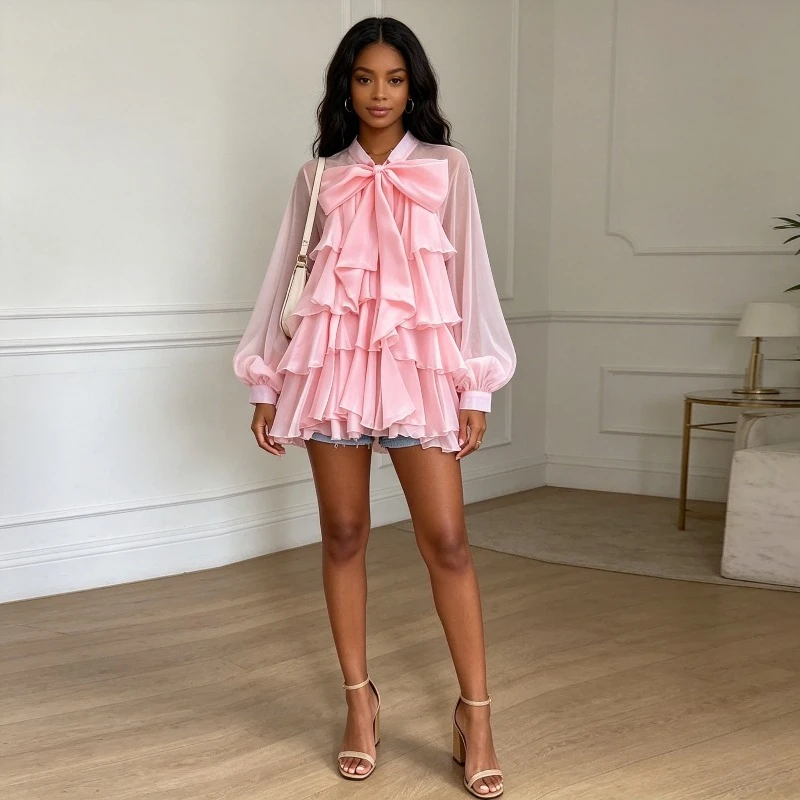 

Shirt Women Shirts Bow Tie Collar Lantern Sleeve Tops Vintage Pleated Ruffle Y2k Streetwear Elegant Splice Shirts 2026 Summer