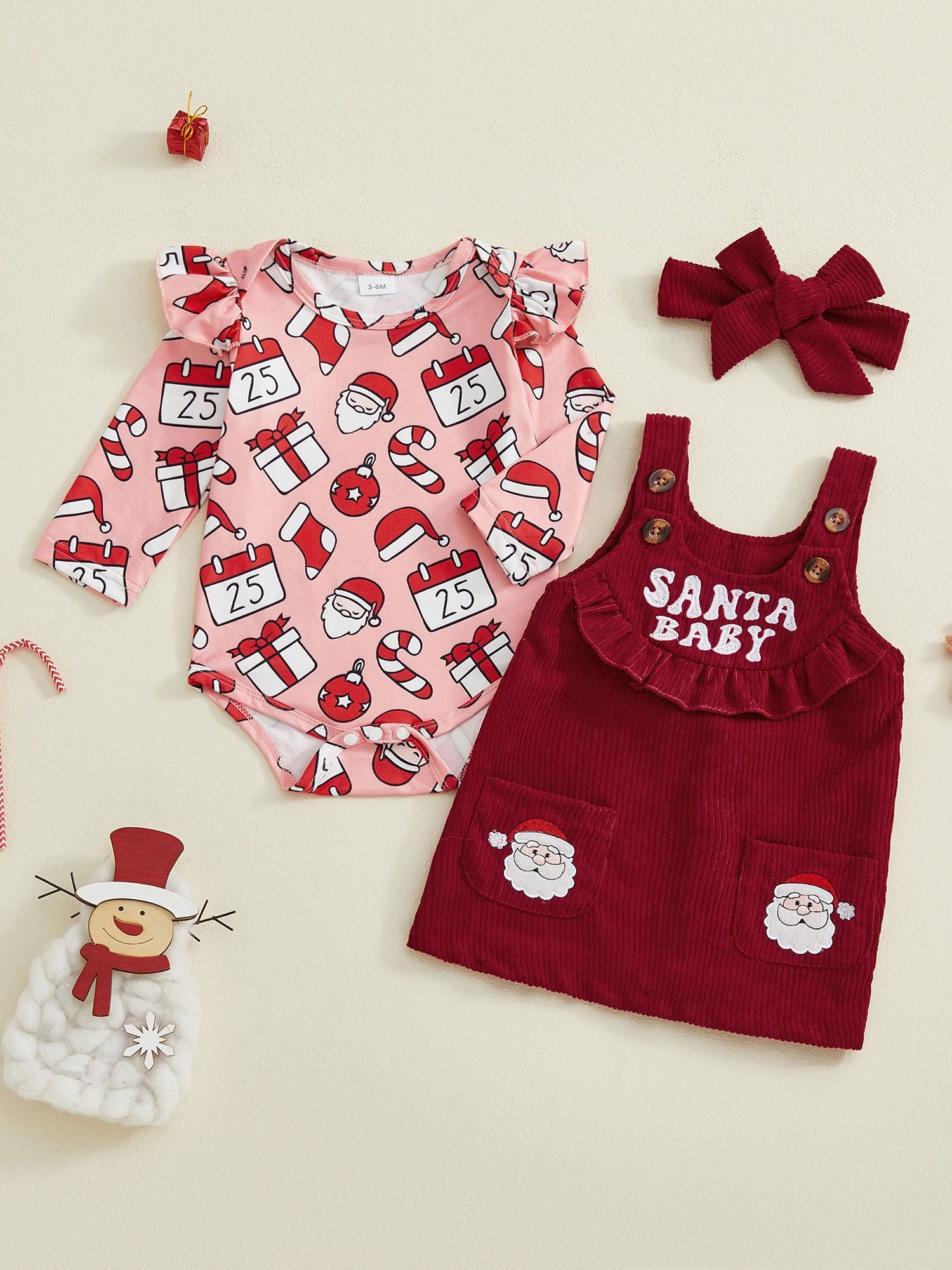 

Toddler Boy Christmas Outfit Reindeer Print Long Sleeve Romper Embroidery Overall Pants Bow Tie Hat 4 Piece Set for Xmas