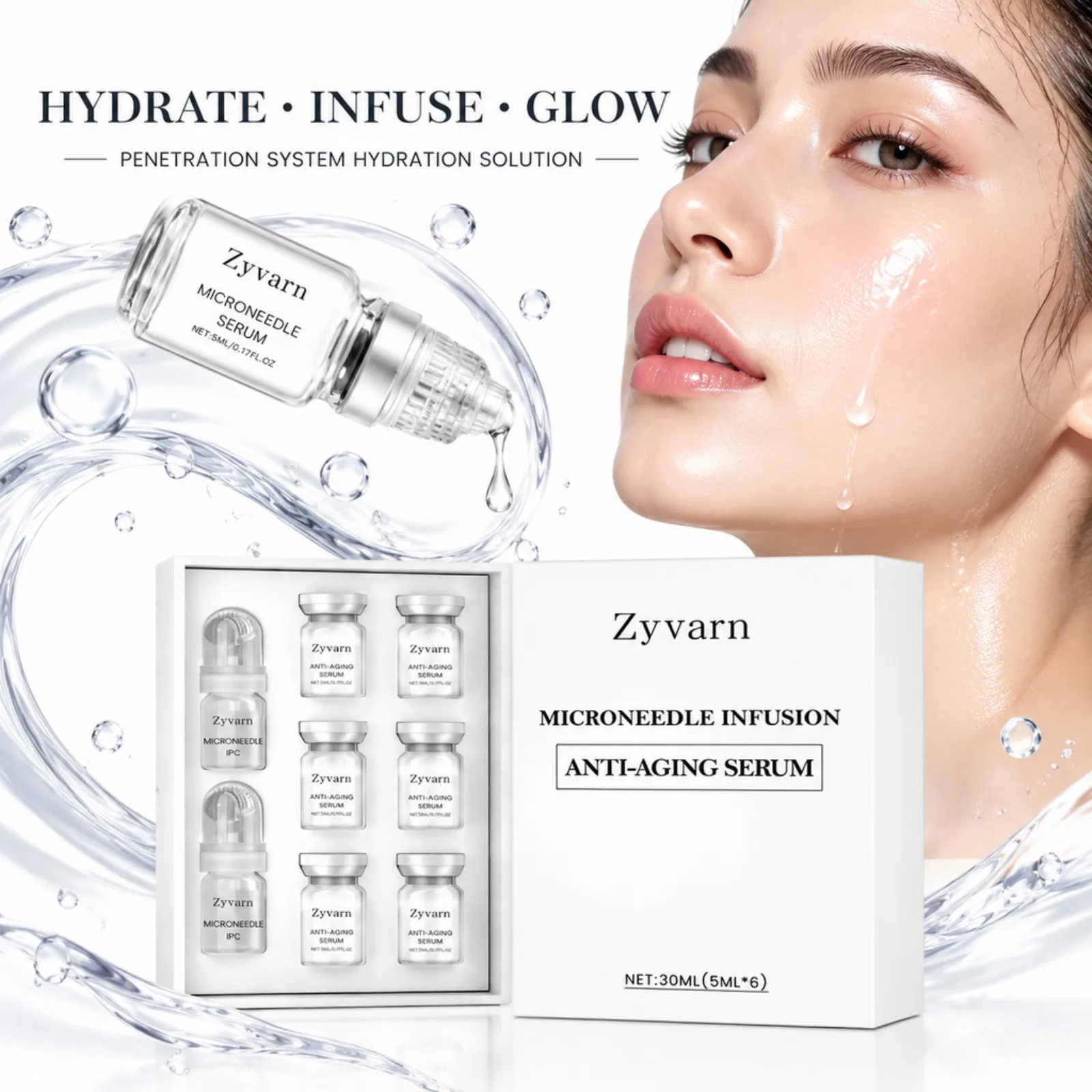 Facial Care Kit 0.2mm Massage Roller 30ml Hydrating Essence Serum Set Plant Collagen Nourish Smooth Skin Texture Home Spa Travel