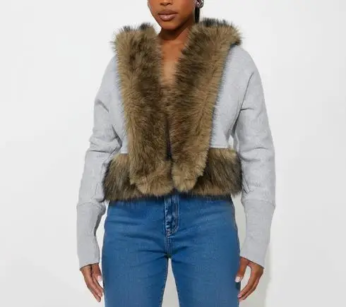 Outono e inverno cor sólida gola de pele retalhos com capuz jaqueta curta para personalidade casual feminina jaqueta de manga curta