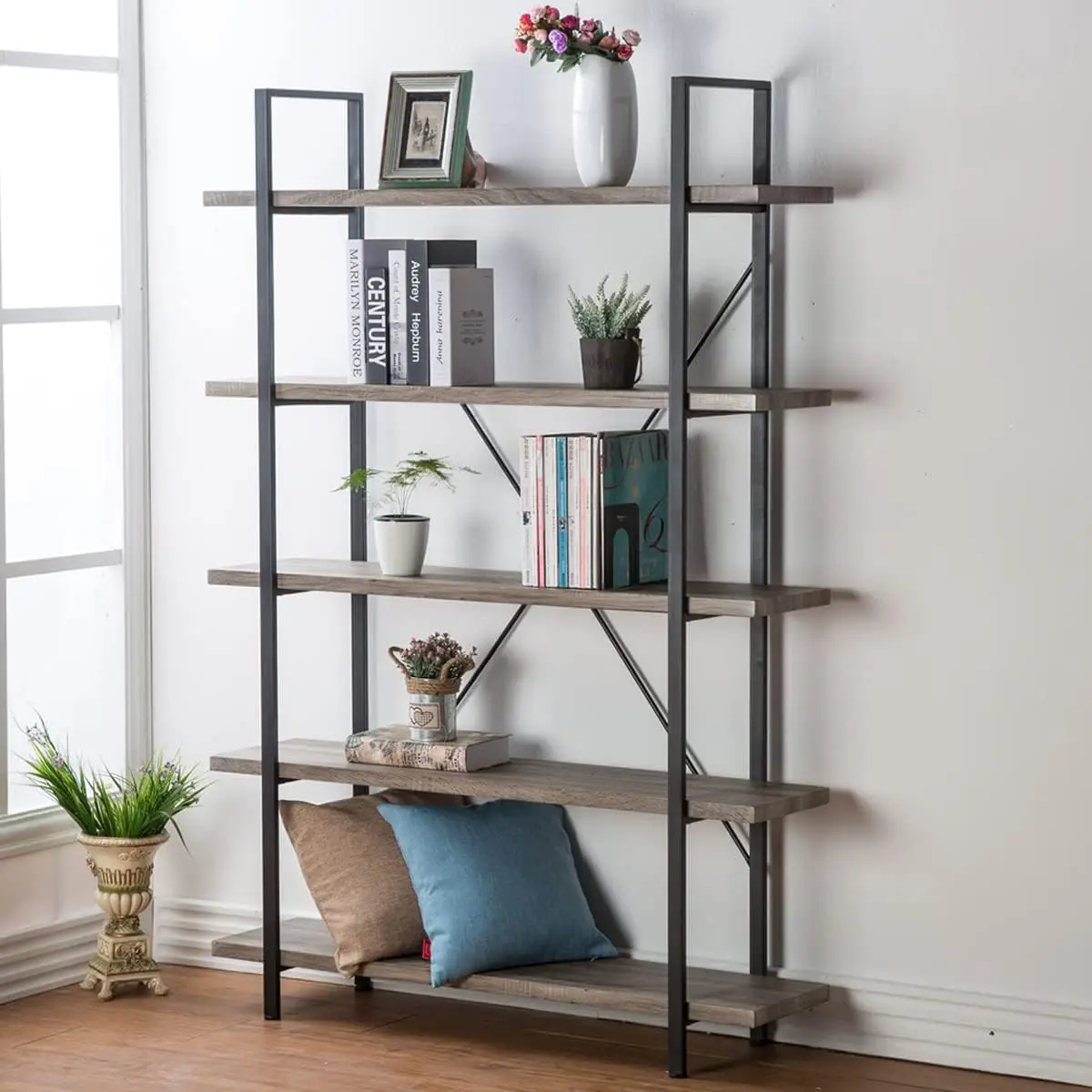 Hsh 5-Shelf Vintage Industrial Rustic Bookshelf, 5 Tier Wood And Metal Bookcase, Open Etagere Book Shelf, Farmhouse Wooden