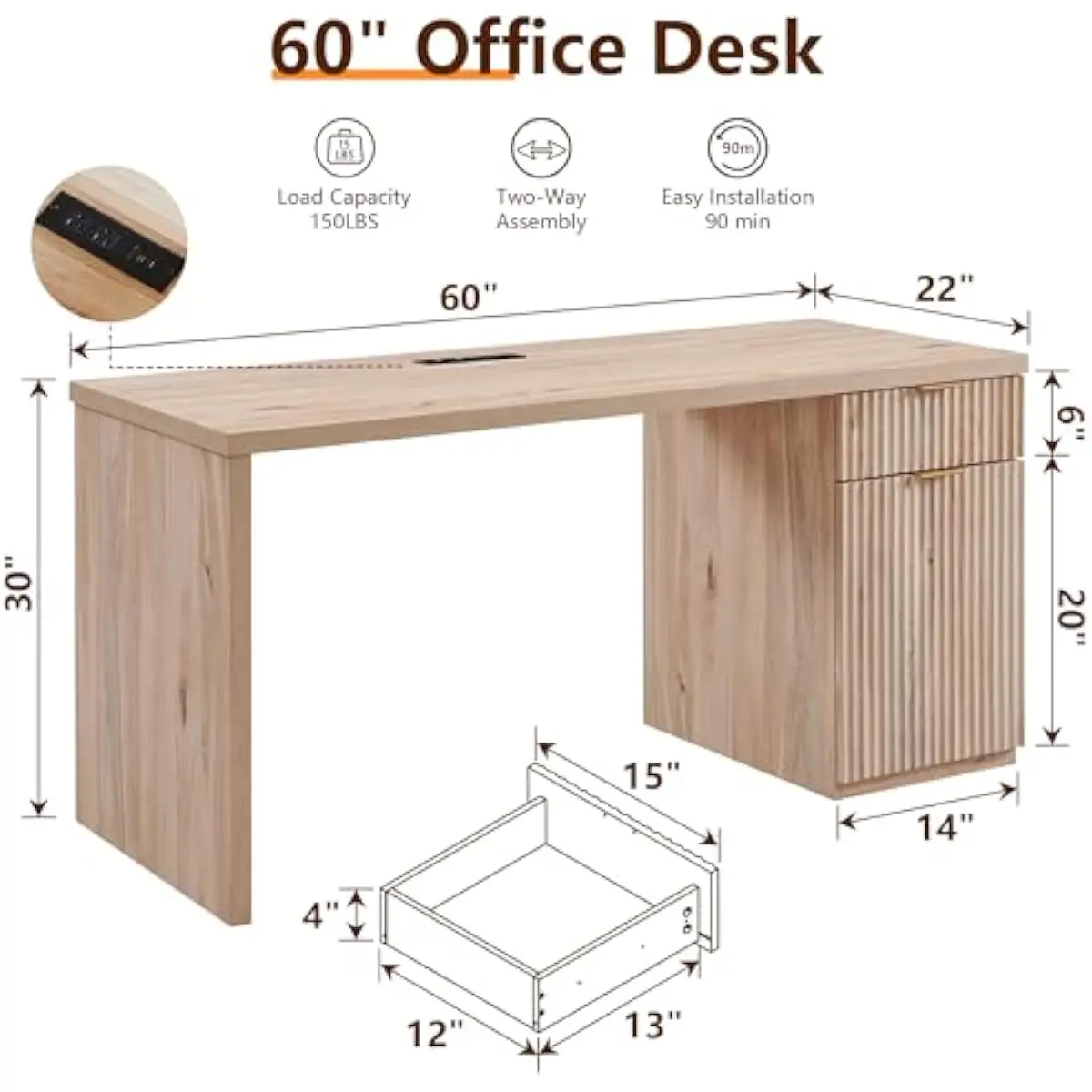60 Inch Modern Oak Computer Desk with Reversible Side Cabinet Grooved Panel Design Integrated Power Hub Featuring 2 AC Outlets 2