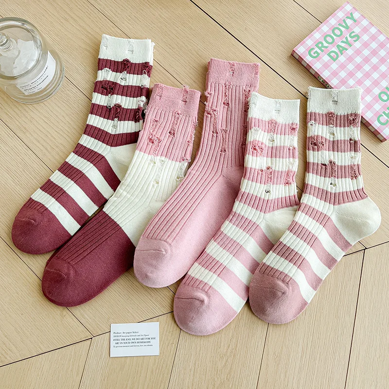 Pink Striped Holes in Women's Socks in The Tube Stockings Net Cotton Socks Spring and Summer New Double Needle Beggar Socks