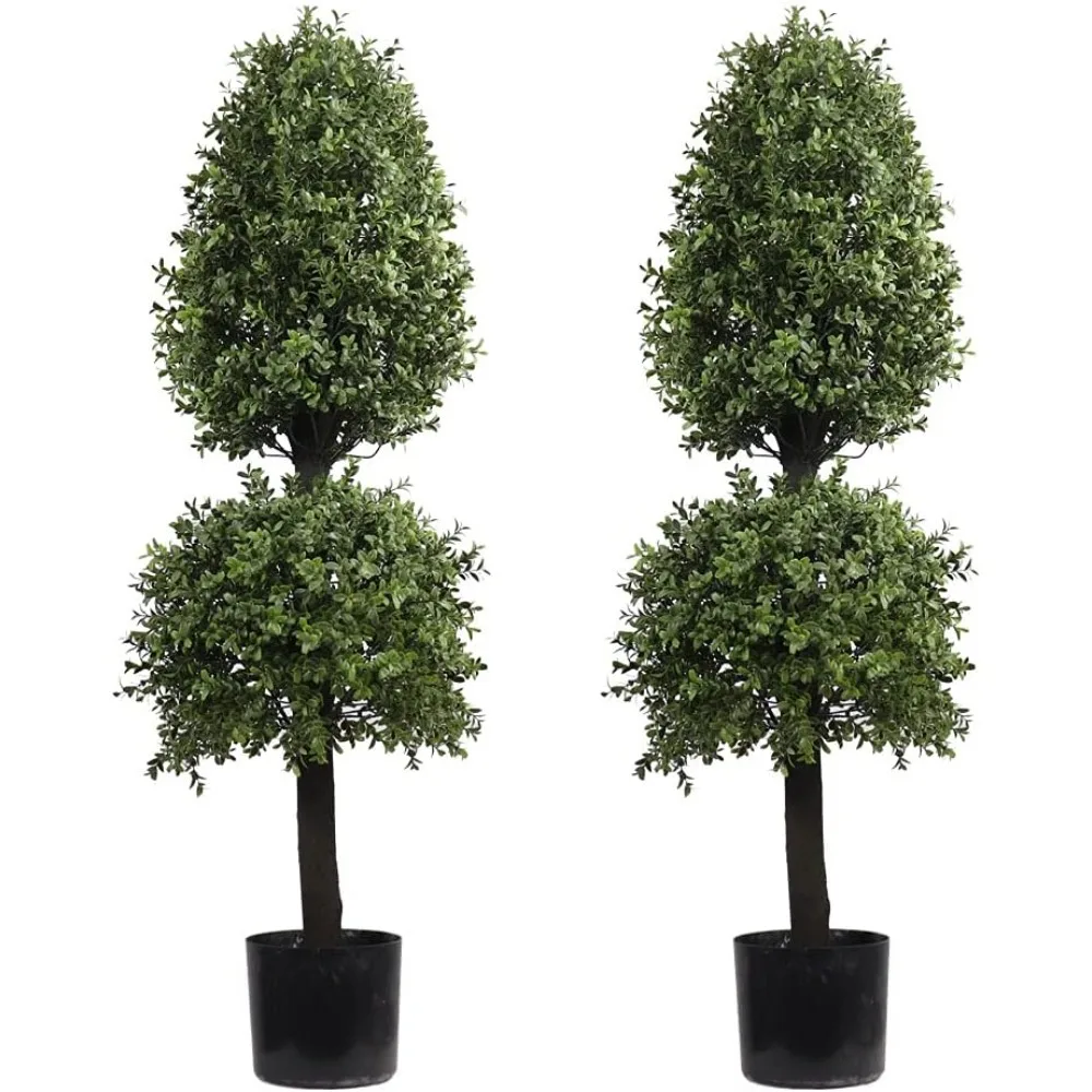 

4-foot Artificial Pruning Tree Box Wooden Ball Shaped Fake Tree Porch Decoration, 2 Packs of Outdoor Plants