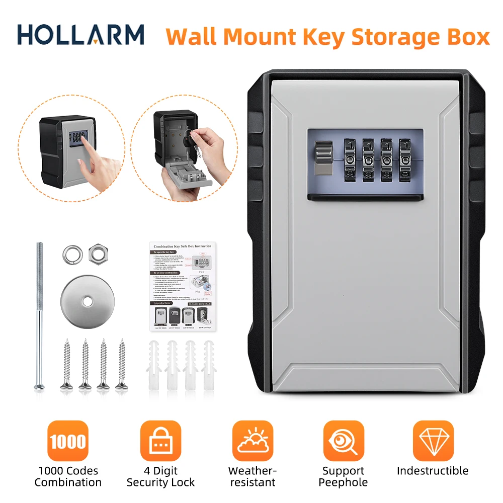 Hollarm Metal Material Password Lock Storage Box Outdoor Waterproof Wall Mount 4 Digit Password Key Box Anti Theft Key Safe Box