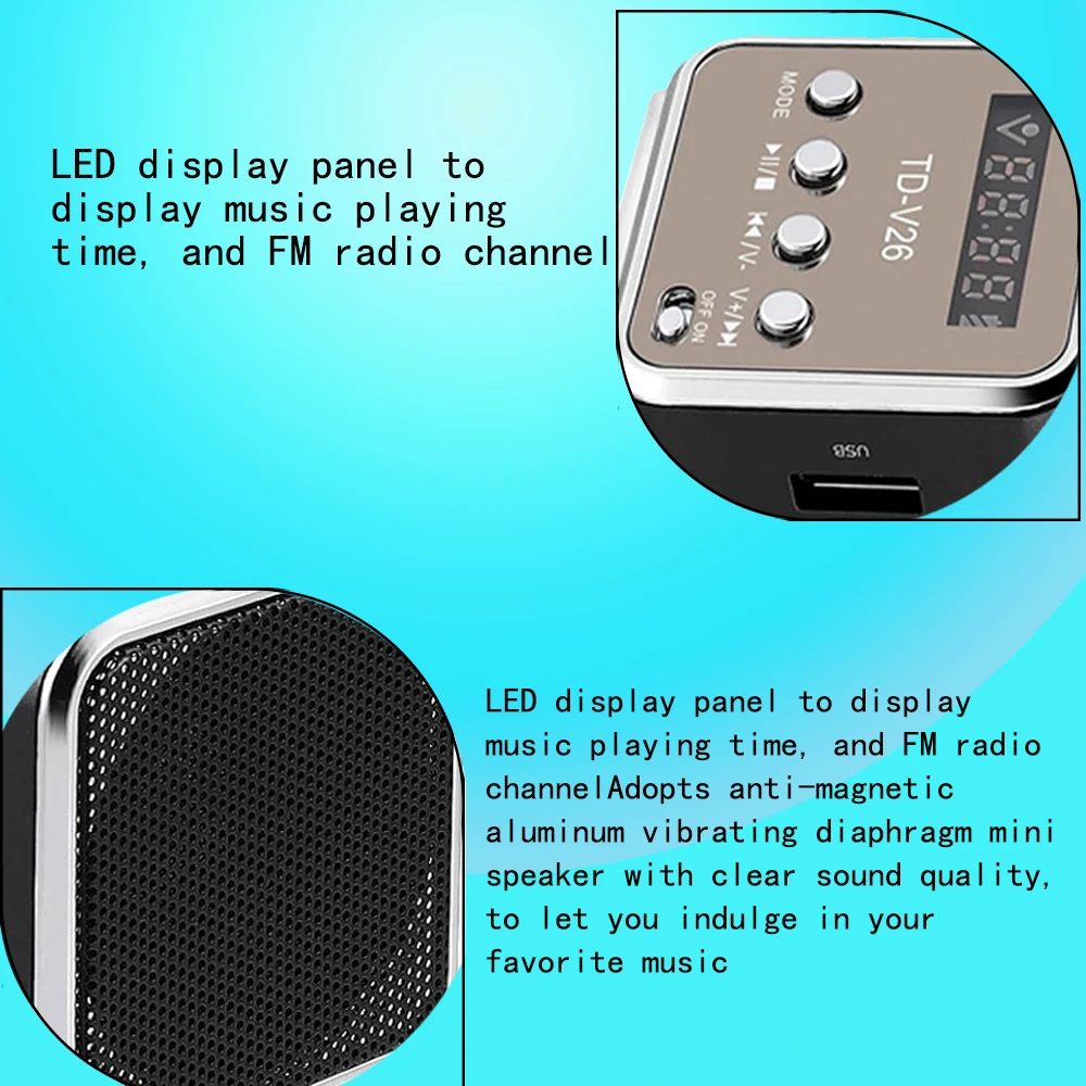 TD-V26 Digital Radio Speaker Portable Mini  Bluetooth Radio FM Receiver Rechargeable Battery Support SD/TF Card Music Play