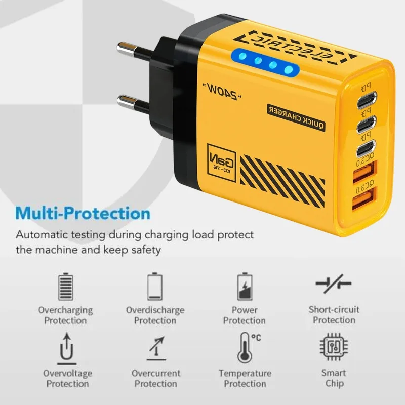 240W Fast Charger 5 Ports USB PD Quick Charging Wall Charger Adapter with Display Light EU/US Plug for iPhone Samsung Xiaomi