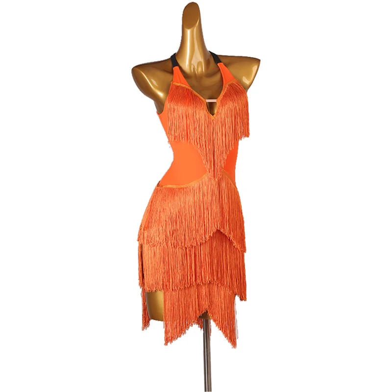 

Professional Latin Dance Competition Art Exam Orange Tassel Practice Dress Samba Denim