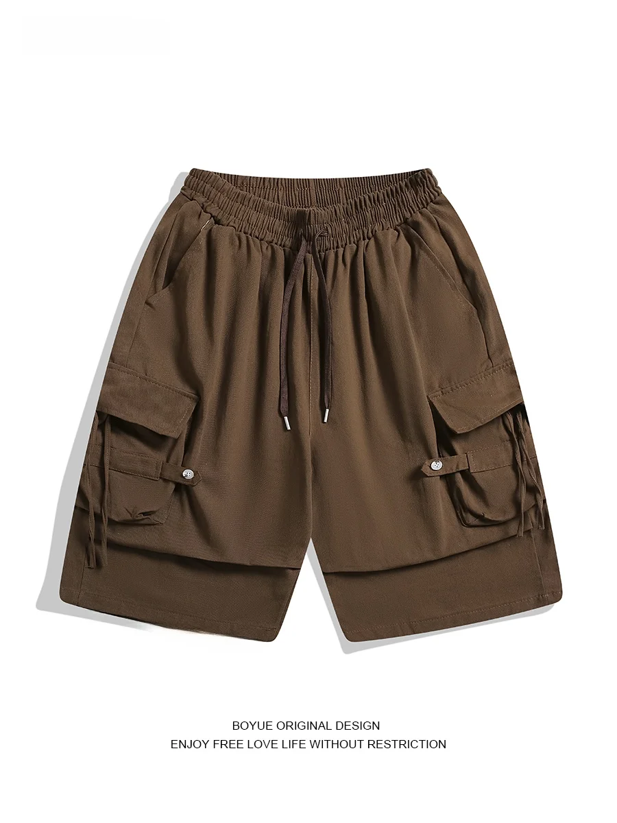 

Брюки Boyue в стиле ретро, японский рабочий стиль, укороченные, повседневные, с большими карманами, для мужчин и женщин, уличный стиль, с завязками на талии
