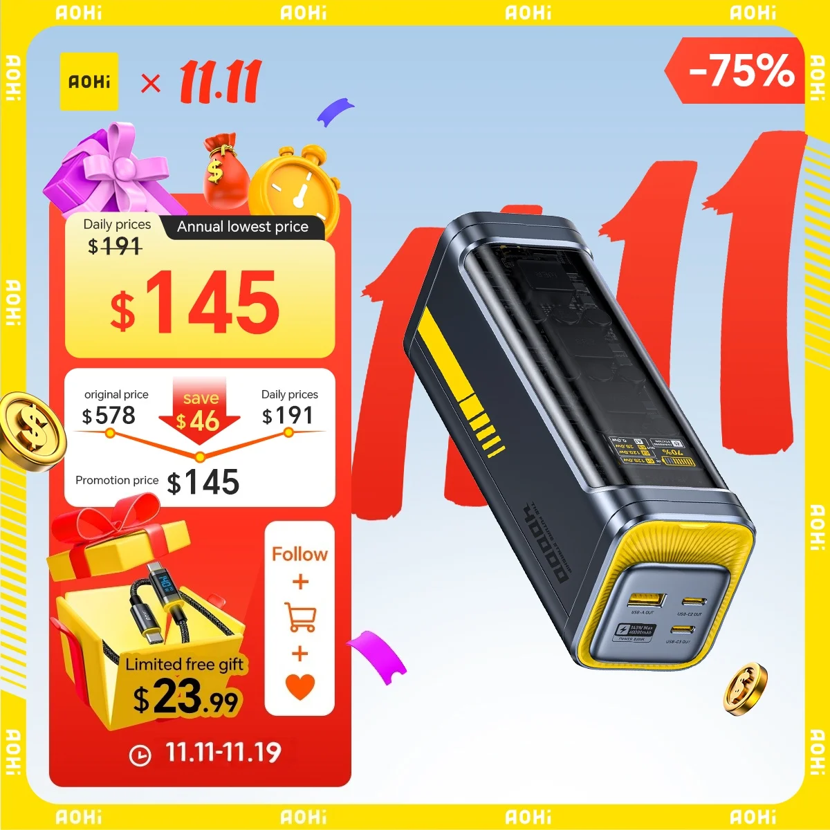 

AOHI Starship 40,000mAh Power Bank 140W PD3.1 Laptop Power Bank with C-C Cable Fast Charging Station for iPhone MacBook Laptop