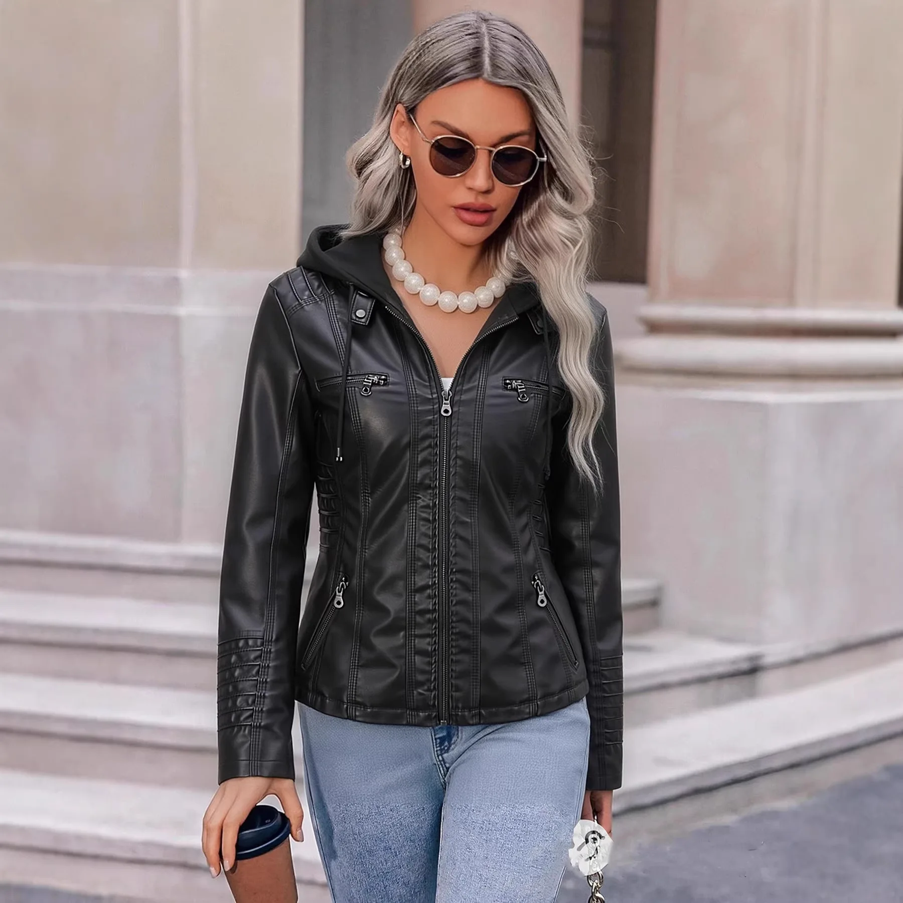 Women's Hooded PU Leather Jacket Oversized Two-Piece Set Detachable Spring Autumn Fashion Outerwear