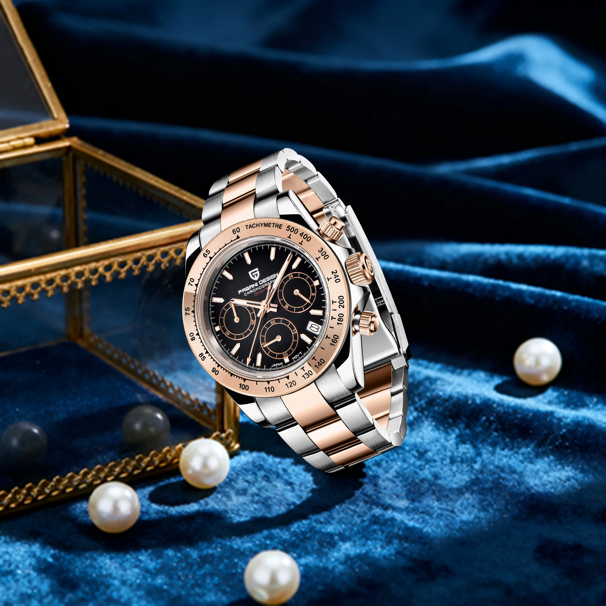 PAGANI DESIGN ساعة كوارتز رجالية أنيقة ريترو موديل ستانلس ستيل Vk63 حركة صغيرة ثلاثة دبوس سرعة ساعة مقاومة للماء 2025