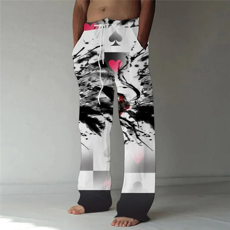 Men's fashion straight leg pants 3D printed with drawstring design at the waist, front pocket pants, casual poker creative print