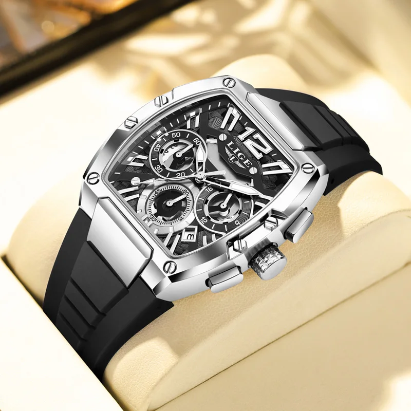 2025 LIGE New Men's Watch Multi Functional Quartz Rectangular Golden Sports Clock Casual Fashion Silicone Strap Men Watch+Box image 3