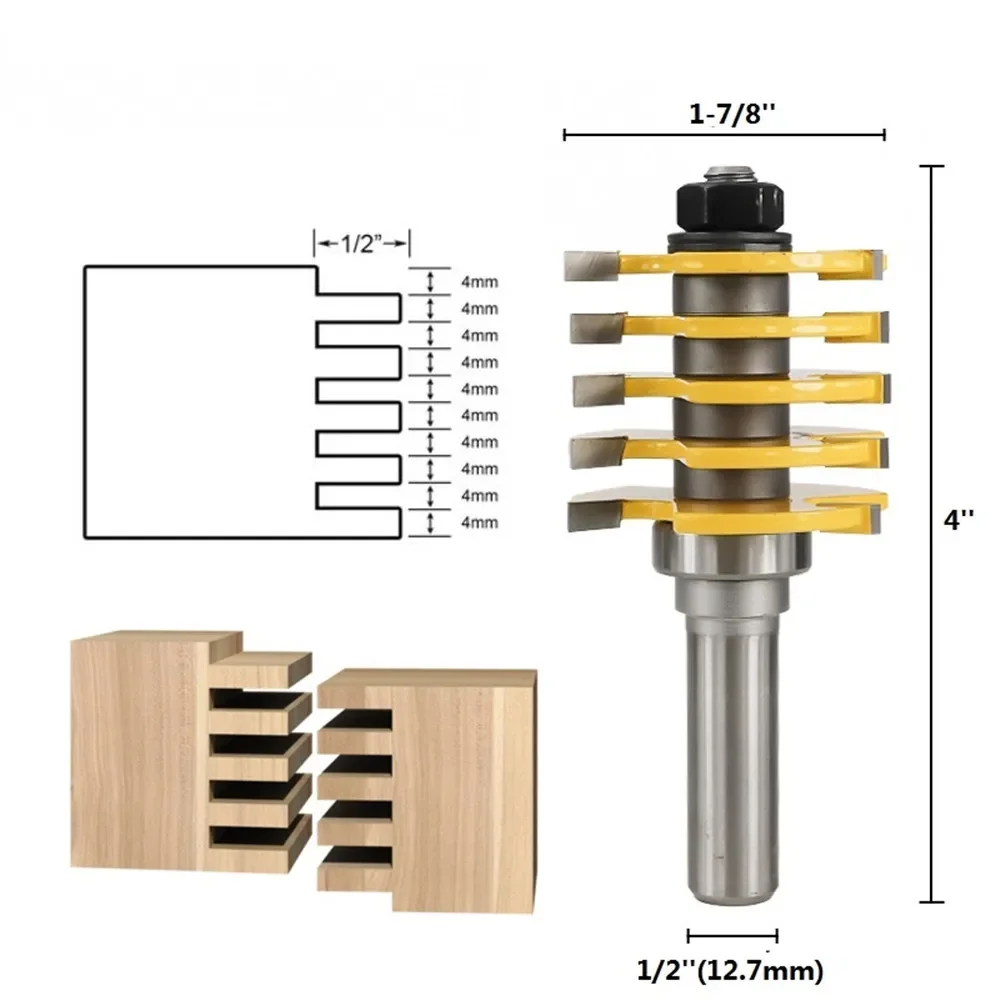 1pc 1/2 Shank  (12.7mm)  3 Flute Finger Joint Router Bit Adjustable Guided Bearing 5 Blade Wooden Box Cutter
