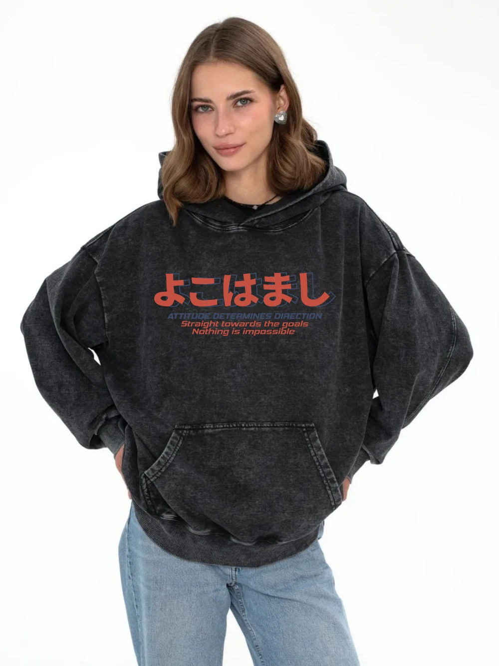 

Autumn Womens Acid Wash Hoodies Japanese Style Letter Printing Streetwears Retro Oversize Cotton Pullovers Casual Female Clothes