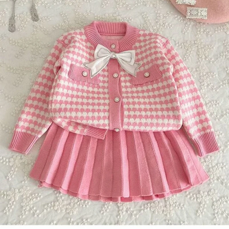 Children\'s Clothing Sets Bow Knit Sweater +Pleated Skirt Set Kids Clothes for Girls Knitted Sets Infant Designer Clothes