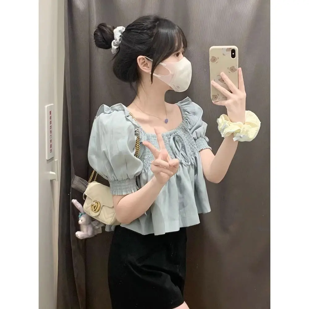 French Square Neck Pleated Short Sleeved Doll Shirt Women's Summer New Style Small Bubble Sleeve Chiffon Shirt Top