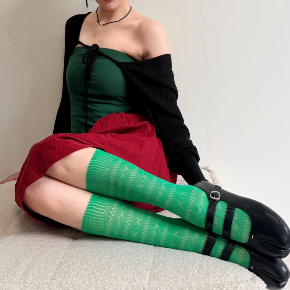 Retro Soft Cute Love Hollow Colorful Socks Summer Thin Breathable Medium Tube Socks Dopamine Stacking Fishing Net Socks