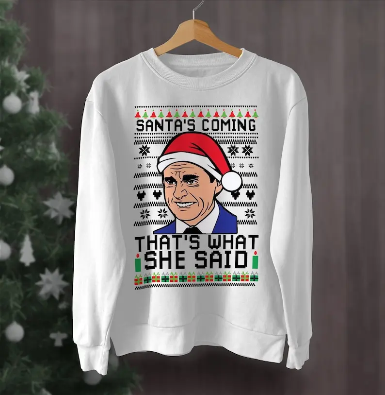 Santas قادم هذا ما قلت سترة سترة عيد الميلاد القبيحة مكتب سانتا قادم ذلك ما قلت للجنسين البلوز