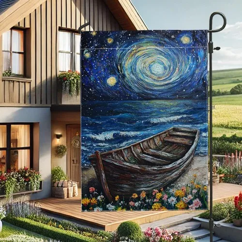 Summer Night Sky Garden Flag, Blue Starry Night Landscape Boat, 12x18 Inch XXQ