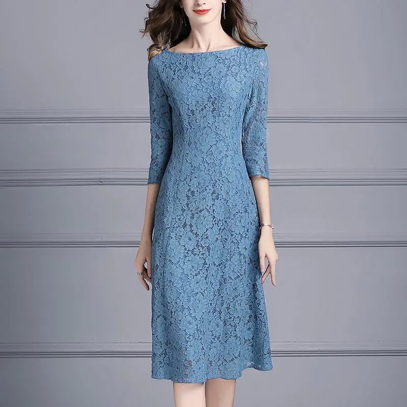 

Women Dress Lace A-line Dress Spring and Autumn Elegant Casual Solid Dress One Line Neck 7/4 Sleeve O Neck Dress Female Tops