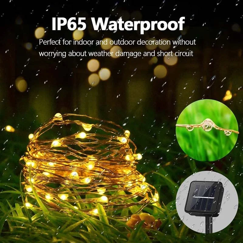 Outdoor LED Solar Fairy String Lights, 300/200/100/50 LEDs Copper Silver Wire Garland, Waterproof 8 Modes for Christmas Wedding