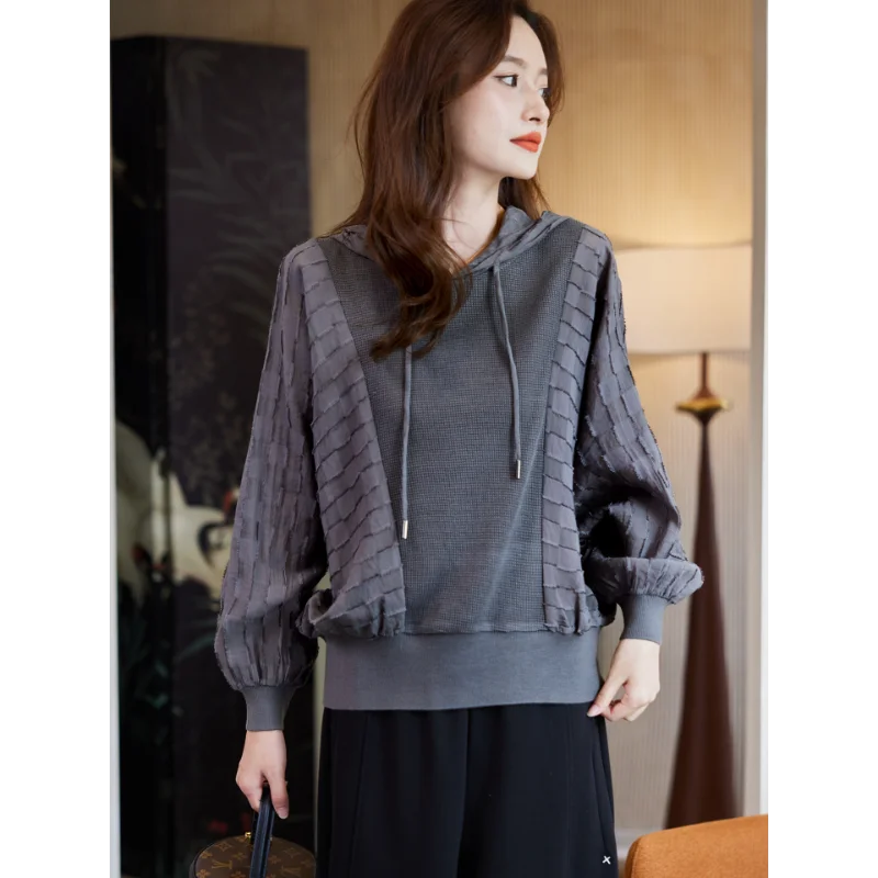 Mode Lässig Patchwork Batwing Hülse Mit Kapuze Hoodie Frauen Frühling Herbst Neue Stil Minimalistischen Vielseitig Pullover Top
