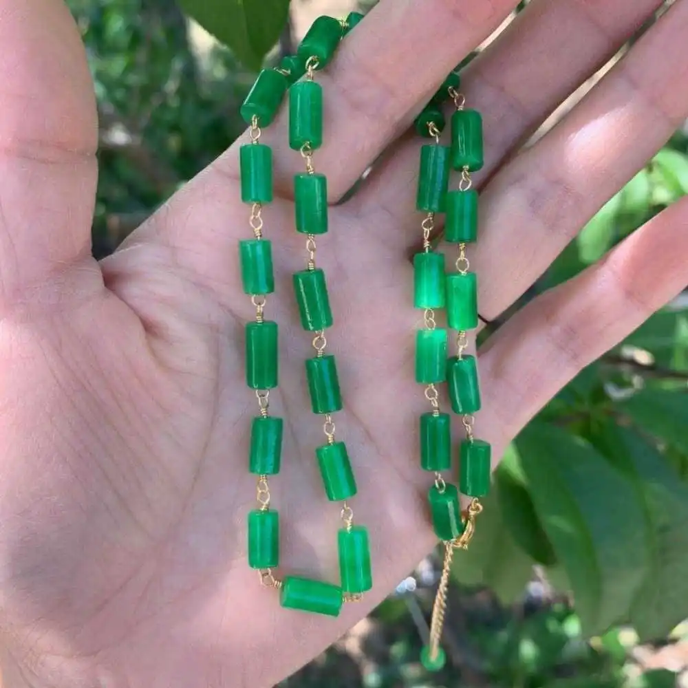 

Natural Jadeite Jade Cylinder Beads Necklace 18inch Colorful Mental Energy Spirituality Gift Yoga Prayer