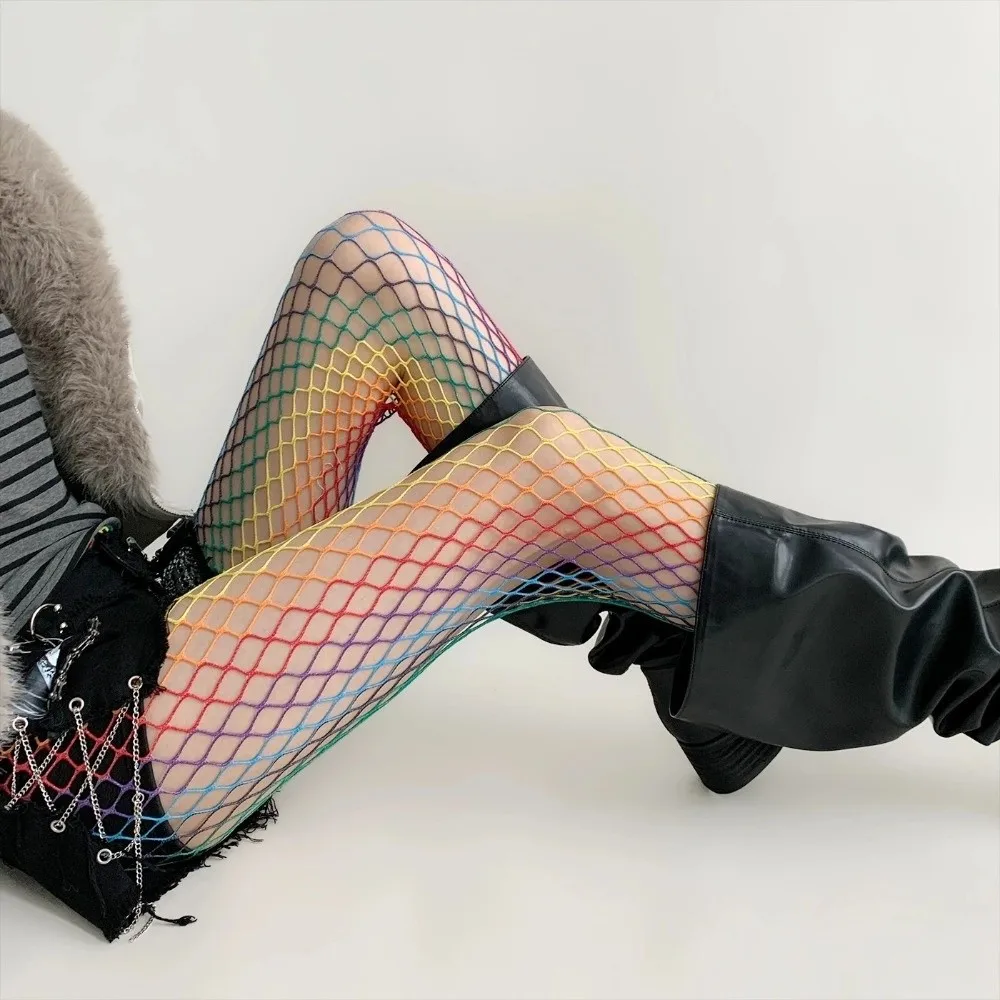 

Y2K Rainbow Fishnet Stockings Dopamine Colorful Hollowed Out Pantyhose Hot Girl Style Stretch See-through Tights Party