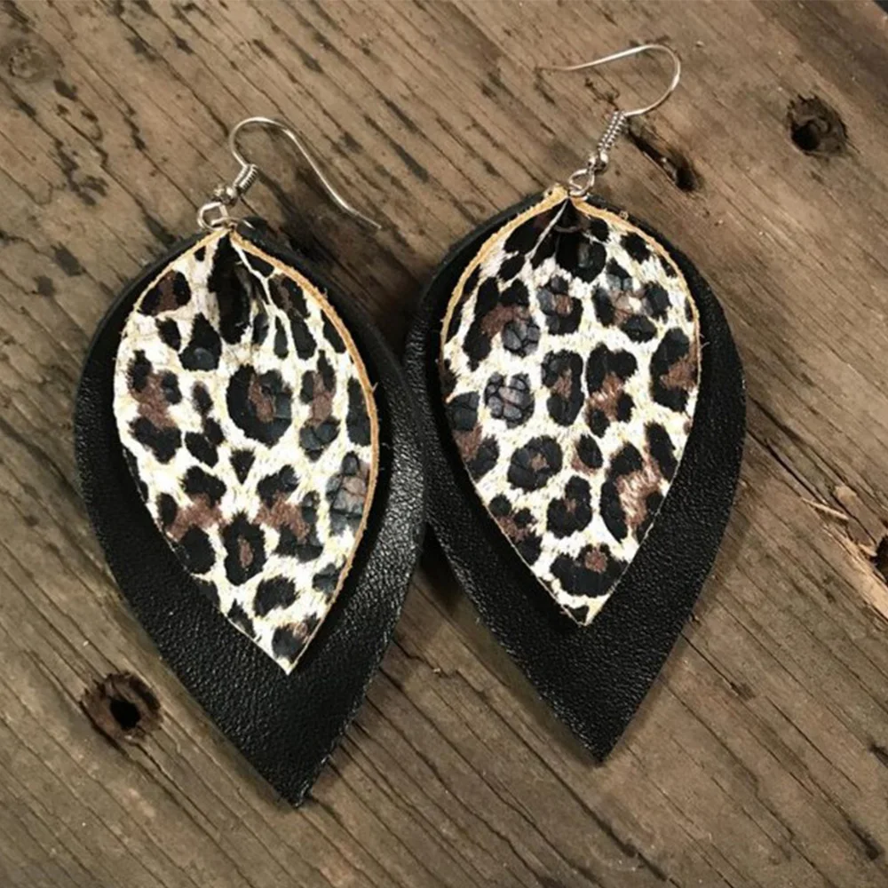 Double Layer Leaf Leather Earrings  Leopard Print PU Drop Dangle Lightweight Earring for Women Jewelry Gifts