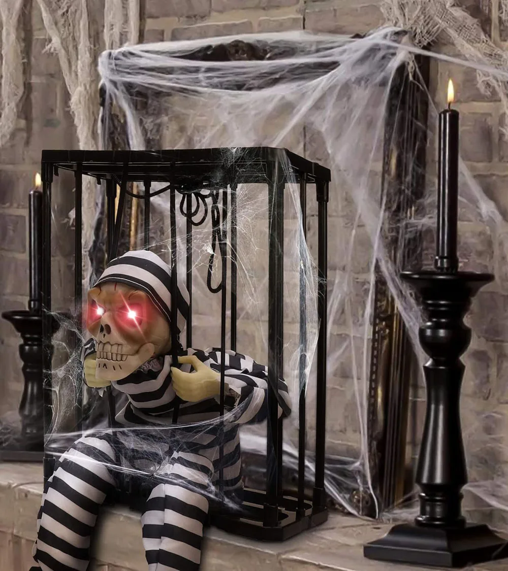 Halloween Scary Skeleton Prisoner Talking Let Me Out With Light Animatronic Prank Speaking Props Hangable Ghost Halloween Decor view 4